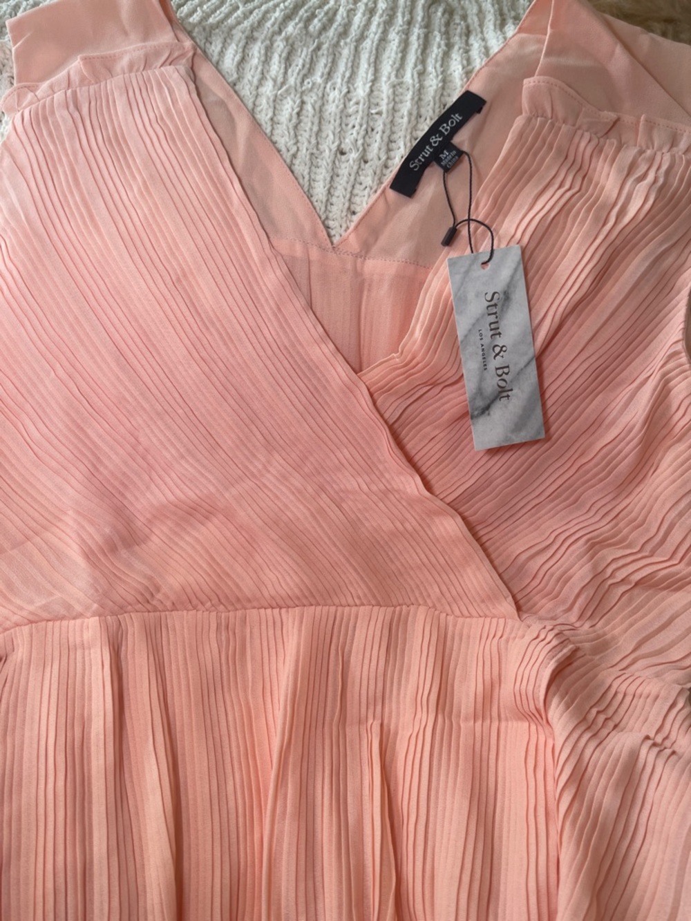 Strut & Bolt Peach Pleated V-Neck Dress - Picture 3 of 7